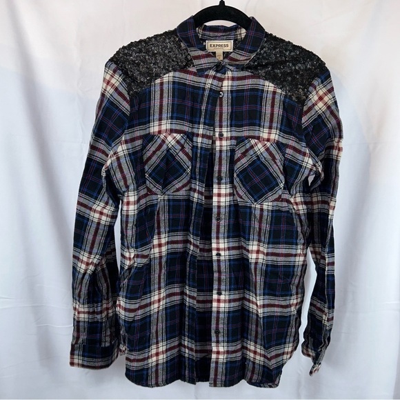 Express Shirt Western Boyfriend Flannel Plaid Sequin Button Down Long Sleeve Top - Picture 4 of 14
